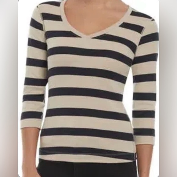 Three Dots Women’s Long Sleeve V-neck Striped 3/4 Sleeve Cotton Shirt Size Small - Picture 2 of 14